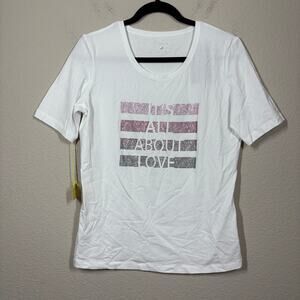 I'cona 10 "It's All About Love" Rhinestone Tee Top White Cotton Short Sleeves
